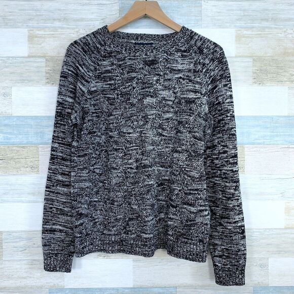 Lands End Marled Drifter Sweater Gray Black Ribbed Womens Large Petite LP 14 16 - Picture 1 of 7